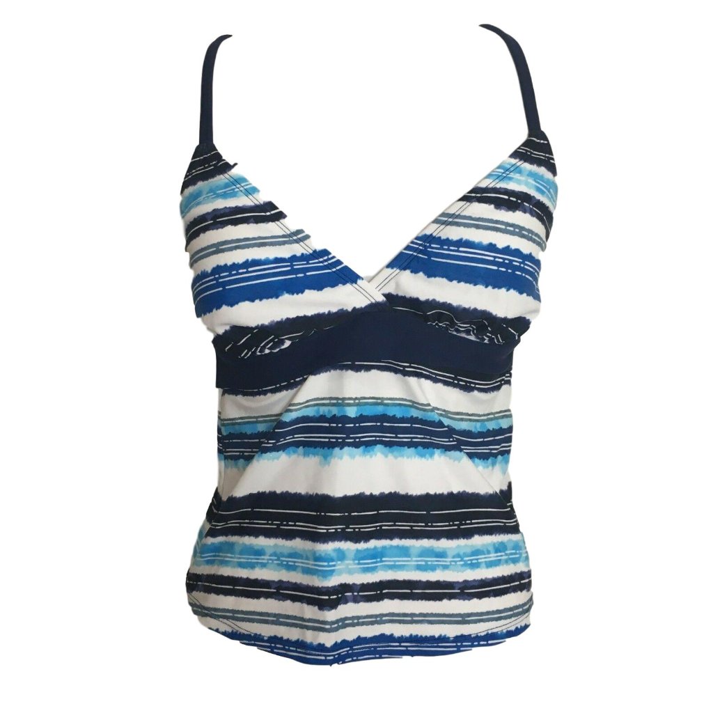 Merona Womens Tankini Swim Top Size Small Blue White Stripe Lightly Padded